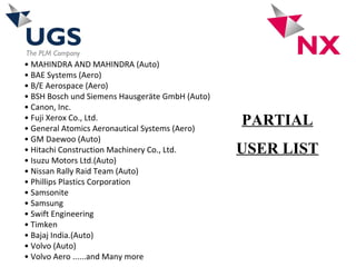 • MAHINDRA AND MAHINDRA (Auto)
• BAE Systems (Aero)
• B/E Aerospace (Aero)
• BSH Bosch und Siemens Hausgeräte GmbH (Auto)
• Canon, Inc.
• Fuji Xerox Co., Ltd.
• General Atomics Aeronautical Systems (Aero)
• GM Daewoo (Auto)
• Hitachi Construction Machinery Co., Ltd.
• Isuzu Motors Ltd.(Auto)
• Nissan Rally Raid Team (Auto)
• Phillips Plastics Corporation
• Samsonite
• Samsung
• Swift Engineering
• Timken
• Bajaj India.(Auto)
• Volvo (Auto)
• Volvo Aero ......and Many more
PARTIAL
USER LIST
 