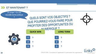 LESLIE HUIN - Consultante en digitalisation et optimisation des organisations14
ET MAINTENANT ?
1
2
3
?
?
?
QUICK WIN
1
2
3
?
?
?
LONG TERM
Un projet ? Ou une
nouvelle bonne pratique
?
 