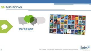 LESLIE HUIN - Consultante en digitalisation et optimisation des organisations2
DISCUSSIONS
Tour de table
 