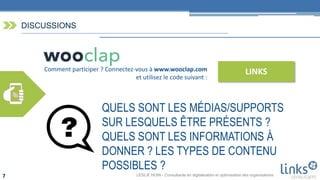 LESLIE HUIN - Consultante en digitalisation et optimisation des organisations7
DISCUSSIONS
QUELS SONT LES MÉDIAS/SUPPORTS
SUR LESQUELS ÊTRE PRÉSENTS ?
QUELS SONT LES INFORMATIONS À
DONNER ? LES TYPES DE CONTENU
POSSIBLES ?
Comment participer ? Connectez-vous à www.wooclap.com
et utilisez le code suivant :
LINKS
 