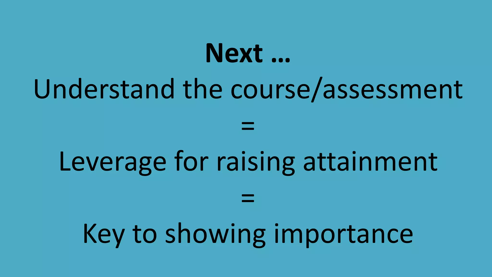 Next …
Understand the course/assessment
=
Leverage for raising attainment
=
Key to showing importance
 