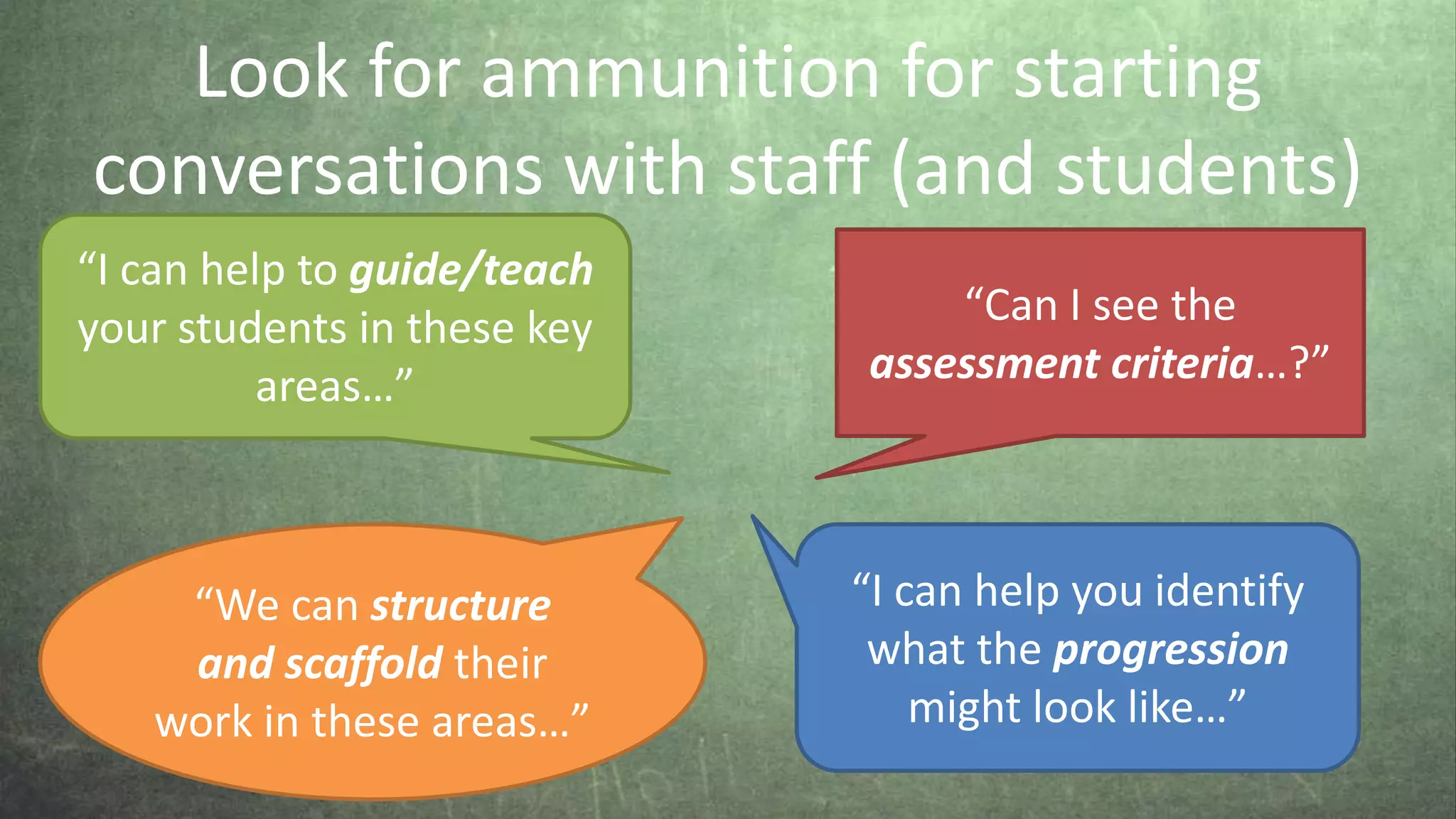 Look for ammunition for starting
conversations with staff (and students)
“I can help to guide/teach
your students in these key
areas…”
“I can help you identify
what the progression
might look like…”
“We can structure
and scaffold their
work in these areas…”
“Can I see the
assessment criteria…?”
 