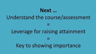 Next …
Understand the course/assessment
=
Leverage for raising attainment
=
Key to showing importance
 