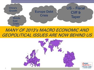 China‟s
Growth

Middle
East
Crisis

Europe Debt
Crisis

US – Fiscal
Cliff &
Taper

MANY OF 2013‟s MACRO ECONOMIC AND
GEOPOLITICAL ISSUES ARE NOW BEHIND US

1

 