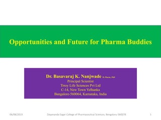 Dr. Basavaraj K. Nanjwade M. Pharm., PhD
Principal Scientist
Trroy Life Sciences Pvt Ltd
C-14, New Town Yelhanka
Bangalore-560064, Karnataka, India
Opportunities and Future for Pharma Buddies
06/08/2019 1Dayananda Sagar College of Pharmaceutical Sciences, Bengaluru-560078
 