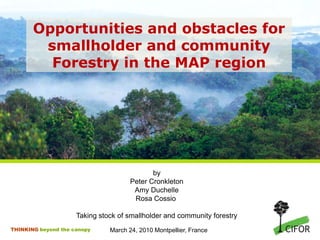 Opportunities and obstacles for smallholder and community Forestry in the MAP region by Peter Cronkleton Amy Duchelle Rosa Cossio  Taking stock of smallholder and community forestry March 24, 2010 Montpellier, France 