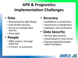 APR & Prognostics
Implementation Challenges
• Data
– Measuring the right things
– Cost of New Sensors
– Access to multiple data
sources
– Clean data
• People
– M&D centers: leverage
expertise
– In-house vs outsource
• Accuracy
– Confidence in predictions
– Uncertainty in predictions
– Validation and verification
• Data Security
– Various data sources
– Cloud-based or local server
– Sharing data/information
within company
 