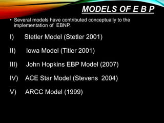 MODELS OF E B P
• Several models have contributed conceptually to the
implementation of EBNP.
I) Stetler Model (Stetler 2001)
II) Iowa Model (Titler 2001)
III) John Hopkins EBP Model (2007)
IV) ACE Star Model (Stevens 2004)
V) ARCC Model (1999)
 