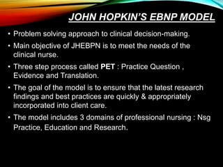 JOHN HOPKIN’S EBNP MODEL
• Problem solving approach to clinical decision-making.
• Main objective of JHEBPN is to meet the needs of the
clinical nurse.
• Three step process called PET : Practice Question ,
Evidence and Translation.
• The goal of the model is to ensure that the latest research
findings and best practices are quickly & appropriately
incorporated into client care.
• The model includes 3 domains of professional nursing : Nsg
Practice, Education and Research.
 