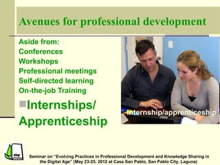 Avenues for professional development
Aside from:
Conferences
Workshops
Professional meetings
Self-directed learning
On-the-job Training

Internships/
                                               Internship/apprenticeship
Apprenticeship

  Seminar on “Evolving Practices in Professional Development and Knowledge Sharing in
      the Digital Age” (May 23-25, 2012 at Casa San Pablo, San Pablo City, Laguna)
 