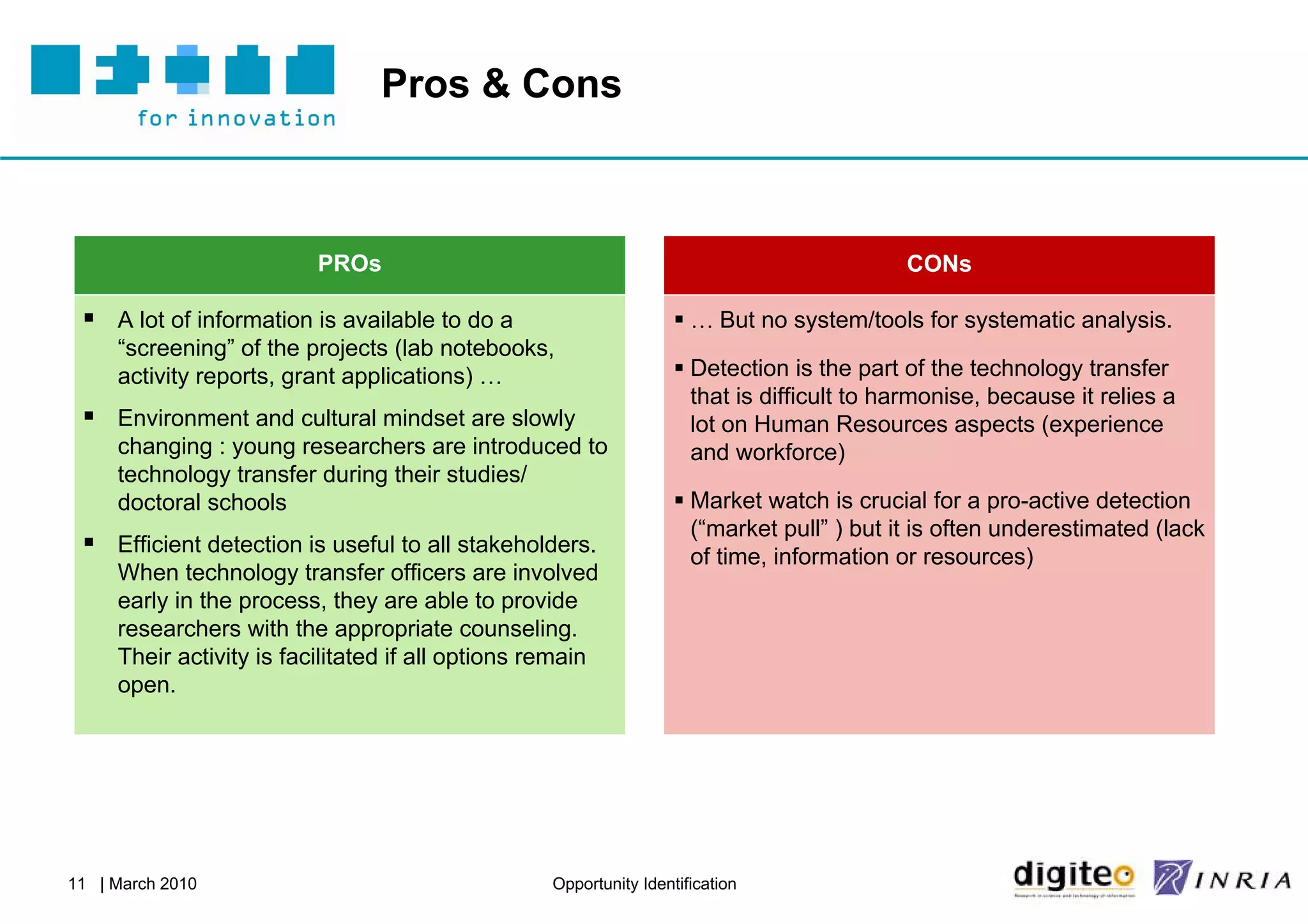Pros & Cons



                          PROs                                                              CONs

  A lot of information is available to do a                         … But no system/tools for systematic analysis.
     “screening” of the projects (lab notebooks,
     activity reports, grant applications) …                         Detection is the part of the technology transfer
                                                                      that is difficult to harmonise, because it relies a
  Environment and cultural mindset are slowly                        lot on Human Resources aspects (experience
     changing : young researchers are introduced to                   and workforce)
     technology transfer during their studies/
     doctoral schools                                                Market watch is crucial for a pro-active detection
                                                                      (“market pull” ) but it is often underestimated (lack
  Efficient detection is useful to all stakeholders.                 of time, information or resources)
     When technology transfer officers are involved
     early in the process, they are able to provide
     researchers with the appropriate counseling.
     Their activity is facilitated if all options remain
     open.




11 | March 2010                                    Opportunity Identification
 