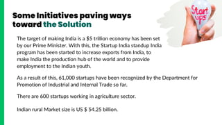 Some Initiatives paving ways
toward the Solution
The target of making India is a $5 trillion economy has been set
by our Prime Minister. With this, the Startup India standup India
program has been started to increase exports from India, to
make India the production hub of the world and to provide
employment to the Indian youth.
As a result of this, 61,000 startups have been recognized by the Department for
Promotion of Industrial and Internal Trade so far.
There are 600 startups working in agriculture sector.
Indian rural Market size is US $ 54.25 billion.
 