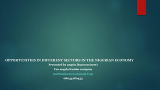 OPPORTUNITIES IN DIFFERENT SECTORS IN THE NIGERIAN ECONOMY
Presented by angela ihunweze(mrs)
Ceo angela itambo company
startbusiness101@gmail.Com
08033280453
 