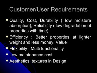 Customer/User RequirementsCustomer/User Requirements
 Quality, Cost, Durability ( low moistureQuality, Cost, Durability ( low moisture
absorption), Reliability ( low degradation ofabsorption), Reliability ( low degradation of
properties with time)properties with time)
 Efficiency : Better properties at lighterEfficiency : Better properties at lighter
weight and less money, Valueweight and less money, Value
 Flexibility : Multi functionalityFlexibility : Multi functionality
 Low maintenance costLow maintenance cost
 Aesthetics, textures in DesignAesthetics, textures in Design
 
