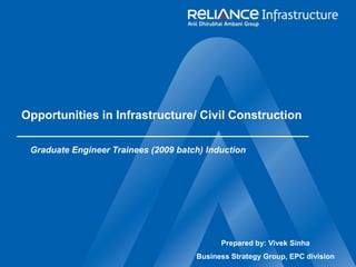 Opportunities in Infrastructure/ Civil Construction Graduate Engineer Trainees (2009 batch) Induction Prepared by: Vivek Sinha Business Strategy Group, EPC division 