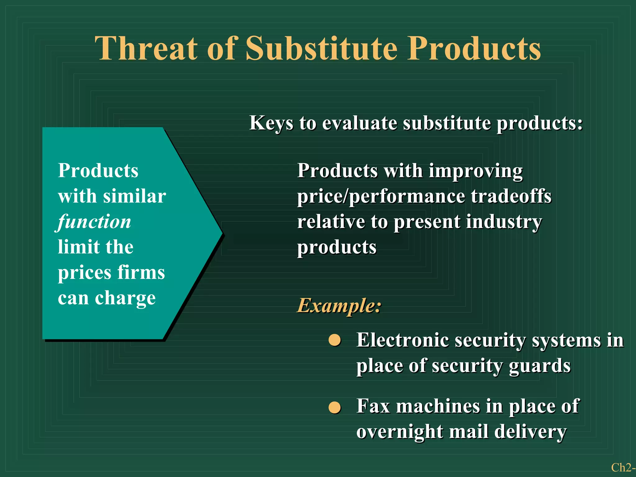 Ch2-
Threat of Substitute Products
Products
with similar
function
limit the
prices firms
can charge
Keys to evaluate substitute products:Keys to evaluate substitute products:
Products with improvingProducts with improving
price/performance tradeoffsprice/performance tradeoffs
relative to present industryrelative to present industry
productsproducts
Example:Example:
Electronic security systems inElectronic security systems in
place of security guardsplace of security guards
Fax machines in place ofFax machines in place of
overnight mail deliveryovernight mail delivery
