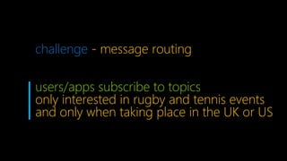 users/apps subscribe to topics
only interested in rugby and tennis events
and only when taking place in the UK or US
challenge - message routing
 