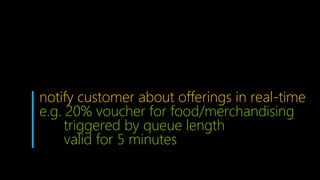 notify customer about offerings in real-time
e.g. 20% voucher for food/merchandising
triggered by queue length
valid for 5 minutes
 