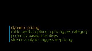 dynamic pricing
ml to predict optimum pricing per category
proximity based incentives
stream analytics triggers re-pricing
 