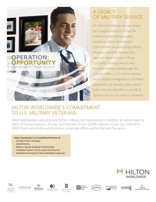 A Legacy 
of Military Service 
At Hilton Worldwide we are driven 
by a singular Mission: to be the 
preeminent global hospitality 
company. Hilton Worldwide’s 
commitment of supporting military 
veterans and their families has 
been an important part of our 
company’s history since it was 
founded nearly a century ago by 
Conrad Hilton, a U.S. Army veteran. 
From supply management and hotel 
operations, to security, sales and IT, 
Hilton Worldwide offers a world of 
opportunity to our nation’s Veterans. 
Hilton Worldwide’s Commitment 
to U.S. Military Veterans 
Hilton Worldwide is proud to hire former military men and women in addition to welcoming the 
talent of military spouses. It is our commitment to hire 10,000 veterans to join our more than 
4,000 hotels around the world and our corporate offices within the next five years. 
Hilton Worldwide is an Established Partner of: 
• Joining Forces Campaign 
• Jobs4America 
• Military Spouse Employer Partnerships 
• Employer Support of the Guard and Reserve 
• National Association of State Workforce Agencies 
 