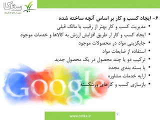 7
6-‫شده‬ ‫ساخته‬ ‫آنچه‬ ‫اساس‬ ‫بر‬ ‫كار‬ ‫و‬ ‫كسب‬ ‫ايجاد‬
•‫قبلي‬ ‫مالك‬ ‫يا‬ ‫رقيب‬ ‫از‬ ‫بهتر‬ ‫كار‬ ‫و‬ ‫كسب‬ ‫مديريت‬
•‫موجود‬ ‫خدمات‬ ‫و‬ ‫كاالها‬ ‫به‬ ‫ارزش‬ ‫افزايش‬ ‫طريق‬ ‫ار‬ ‫كار‬ ‫و‬ ‫كسب‬ ‫ايجاد‬
•‫موجود‬ ‫محصوالت‬ ‫در‬ ‫مواد‬ ‫جايگزيني‬
•‫مواد‬ ‫ضايعات‬ ‫از‬ ‫استفاده‬
•‫جديد‬ ‫محصول‬ ‫يك‬ ‫در‬ ‫محصول‬ ‫چند‬ ‫يا‬ ‫دو‬ ‫تركيب‬
•‫مجدد‬ ‫بندي‬ ‫بسته‬ ‫يا‬
•‫مشاوره‬ ‫خدمات‬ ‫ارايه‬
•‫ورشكسته‬ ‫كارهاي‬ ‫و‬ ‫كسب‬ ‫بازسازي‬
 