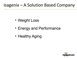 Isagenix – A Solution Based Company


     • Weight Loss

     • Energy and Performance

     • Healthy Aging
 