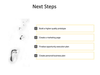 Next Steps


 1   Build a higher quality prototype



 2   Create a marketing page



 3   Finalize opportunity execution plan



 4   Create personal business plan
 