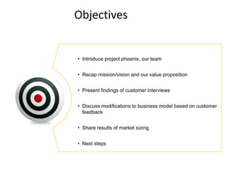 Objectives


• Introduce project phoenix, our team


• Recap mission/vision and our value proposition


• Present findings of customer interviews


• Discuss modifications to business model based on customer
  feedback


• Share results of market sizing


• Next steps
 