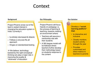 Context

Background                            Our Philosophy               Our Solution


Project Phoenix arose out of the      Project Phoenix will focus
team’s vested interest in             heavily on pedagogy i.e.         Develop a “social
changing the education system in      the process of learning &        learning platform”
India. Currently it:                  teaching, towards creating       that:
                                      an environment where:            • Is interactive and
– Is entirely rote-based & didactic   • Teachers will assume a           inclusive
                                        mentorship role with
– Follows a one-size fits all                                          • Closely monitors
                                        their students
  approach                                                               student activity
                                      • A 360 degree model will          through the year
– Hinges on standardized testing        be followed where
                                        teachers further develop       • Provides
                                        their methodolgy based           customised and
 We believe, technology
                                        on students response to          direct metrics to
backed by the right conceptual
                                        the content                      teachers & parents
thinking can play a major role in
improving the quality &
“stickiness” of education
 