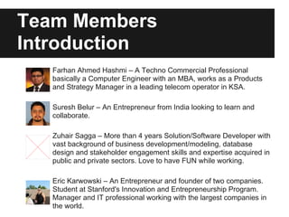 Farhan Ahmed Hashmi – A Techno Commercial Professional
basically a Computer Engineer with an MBA, works as a Products
and Strategy Manager in a leading telecom operator in KSA.
Suresh Belur – An Entrepreneur from India looking to learn and
collaborate.
Zuhair Sagga – More than 4 years Solution/Software Developer with
vast background of business development/modeling, database
design and stakeholder engagement skills and expertise acquired in
public and private sectors. Love to have FUN while working.
Eric Karwowski – An Entrepreneur and founder of two companies.
Student at Stanford's Innovation and Entrepreneurship Program.
Manager and IT professional working with the largest companies in
the world.
Team Members
Introduction
 