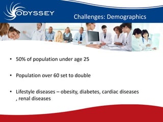 Challenges: Demographics




• 50% of population under age 25

• Population over 60 set to double

• Lifestyle diseases – ...