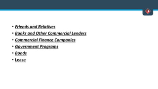 • Friends and Relatives
• Banks and Other Commercial Lenders
• Commercial Finance Companies
• Government Programs
• Bonds
• Lease
 
