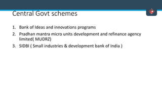 Central Govt schemes
1. Bank of Ideas and innovations programs
2. Pradhan mantra micro units development and refinance agency
limited( MUDRZ)
3. SIDBI ( Small industries & development bank of India )
 