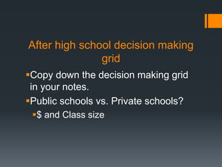 After high school decision making
grid
Copy down the decision making grid
in your notes.
Public schools vs. Private schools?
$ and Class size
 