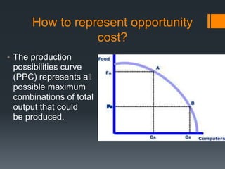 How to represent opportunity
cost?
• The production
possibilities curve
(PPC) represents all
possible maximum
combinations of total
output that could
be produced.
 