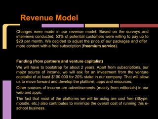 Revenue Model
Changes were made in our revenue model. Based on the surveys and
interviews conducted, 53% of potential customers were willing to pay up to
$20 per month. We decided to adjust the price of our packages and offer
more content with a free subscription (freemium service).


Funding (from partners and venture capitalist)
We will have to bootstrap for about 2 years. Apart from subscriptions, our
major source of income, we will ask for an investment from the venture
capitalist of at least $100.000 for 20% stake in our company. That will allow
us to move forward and develop the platform, apps and resources.
Other sources of income are advertisements (mainly from editorials) in our
web and apps.
The fact that most of the platforms we will be using are cost free (Skype,
moodle, etc.) also contributes to minimize the overall cost of running this e-
school business.
 