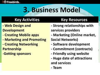 3. Business Model
      Key Activities              Key Resources
- Web Design and            - Strong relationships with
Development                 services providers
- Creating Mobile apps      - Marketing (Online market,
- Marketing and Promoting   Social Networks)
- Creating Networking       - Software development
Partnership                 - Commitment (contracts)
-Getting sponsors           - Friendly using website
                            - Huge date of attractions
                            and services
                            - Team
 
