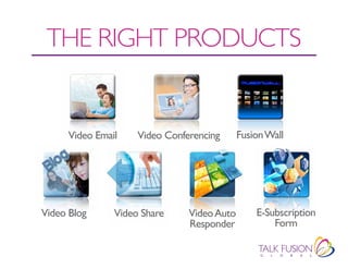THE RIGHT PROdUCTS


     Video Email    Video Conferencing      Fusion Wall




Video Blog     Video Share     Video Auto       E-Subscription
                               Responder            Form
 
