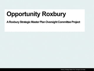1Prepared for Roxbury Strategic Master Plan Oversight CommitteeRoxbury Strategic Master Plan Oversight Committee
Opportunity Roxbury
ARoxburyStrategicMasterPlanOversightCommitteeProject
 