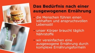 Das Bedürfnis nach einer
ausgewogenen Ernährung
• die Menschen führen einen
lebhaften und anspruchsvollen
Lebensstil
• unser Körper braucht täglich
Nährstoffe
• wir vereinfachen eine
ausgewogene Ernährung durch
komplexe Ernährungsformeln
 