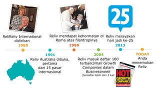 ReliReliv International 
didirikan 
Reliv mendapat kehormatan di 
Roma atas filantropinya 
Reliv merayakan 
hari jadi ke-25 
Reliv masuk daftar 100 
terbaikSmall Growth 
Companies dalam 
Businessweek 
(terdaftar lebih dari 3 kali 
1988 
1991 
1998 
2004 
2013 
TODAY 
Anda 
menemukan 
Reliv 
Reliv Australia dibuka, 
pertama 
dari 15 pasar 
internasional 
 