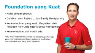 StFronog uFonunddaatiotn ion yang Kuat 
• Mulai dengan produk 
• Didirikan oleh Robert L. dan Sandy Montgomery 
• Kepemimpinan yang kuat dilanjutkan oleh 
Presiden Reliv Asia Pasifik Scott Montgomery 
• Kepemimpinan asli masih ada 
“Jika Anda membantu banyak orang mendapatkan apa 
yang mereka inginkan dalam hidupnya, Anda akan 
mendapatkan apa yang Anda inginkan.”  
 