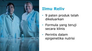 Ilmu Reliv 
• 9 paten produk telah 
dikeluarkan 
• Formula yang teruji 
secara klinis 
• Perintis dalam 
epigenetika nutrisi 
 