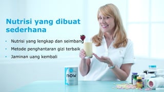 Nutrisi yang dibuat 
sederhana 
• Nutrisi yang lengkap dan seimbang 
• Metode penghantaran gizi terbaik 
• Jaminan uang kembali 
 