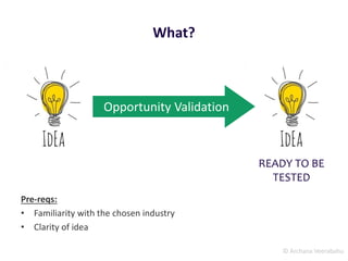 © Archana Veerabahu
Opportunity Validation
Pre-reqs:
• Familiarity with the chosen industry
• Clarity of idea
READY TO BE
TESTED
What?
 