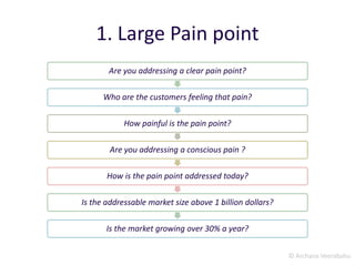 © Archana Veerabahu
1. Large Pain point
Are you addressing a clear pain point?
Who are the customers feeling that pain?
How painful is the pain point?
Are you addressing a conscious pain ?
How is the pain point addressed today?
Is the addressable market size above 1 billion dollars?
Is the market growing over 30% a year?
 