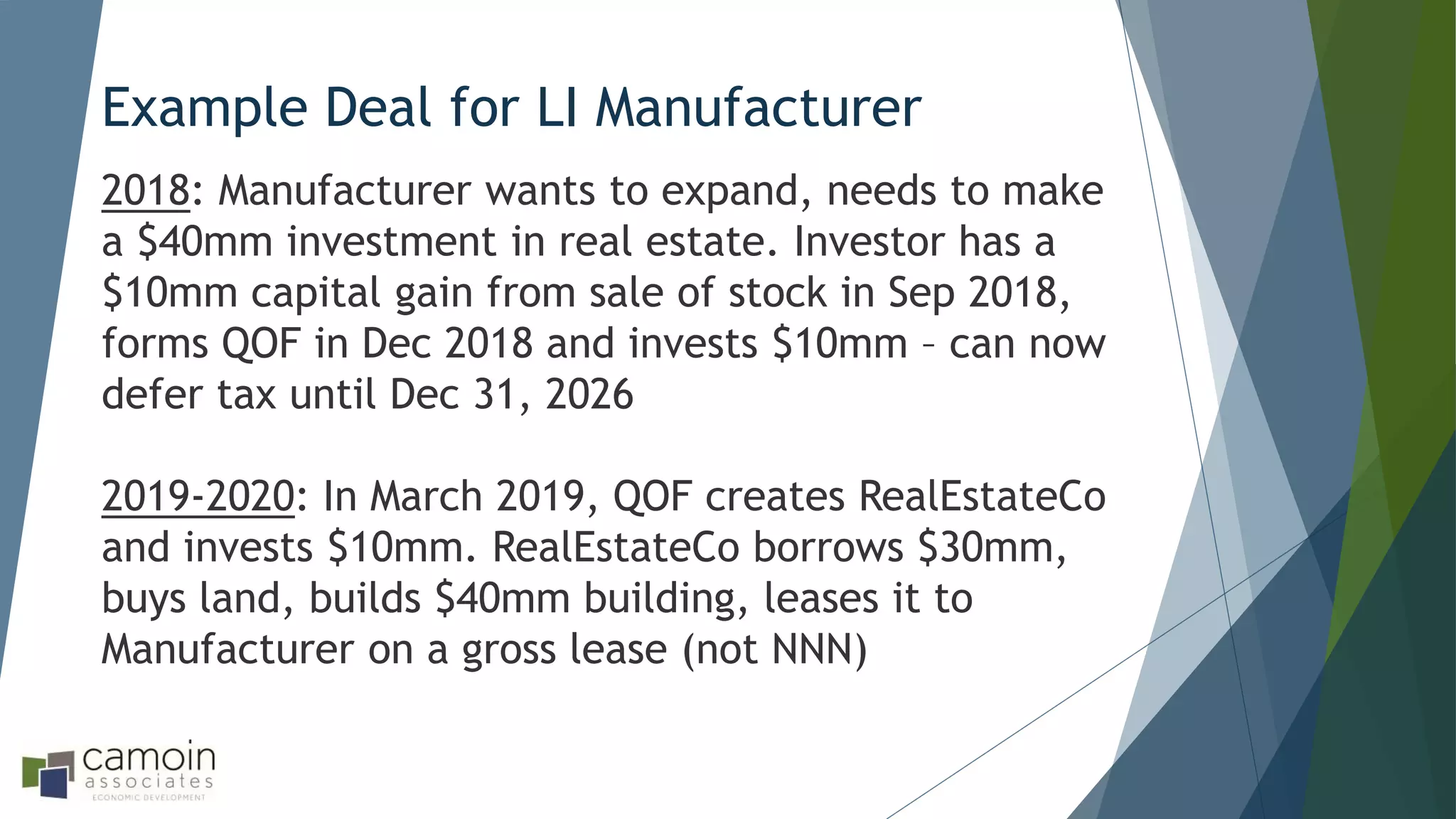 Example Deal for LI Manufacturer
2018: Manufacturer wants to expand, needs to make
a $40mm investment in real estate. Investor has a
$10mm capital gain from sale of stock in Sep 2018,
forms QOF in Dec 2018 and invests $10mm – can now
defer tax until Dec 31, 2026
2019-2020: In March 2019, QOF creates RealEstateCo
and invests $10mm. RealEstateCo borrows $30mm,
buys land, builds $40mm building, leases it to
Manufacturer on a gross lease (not NNN)
 
