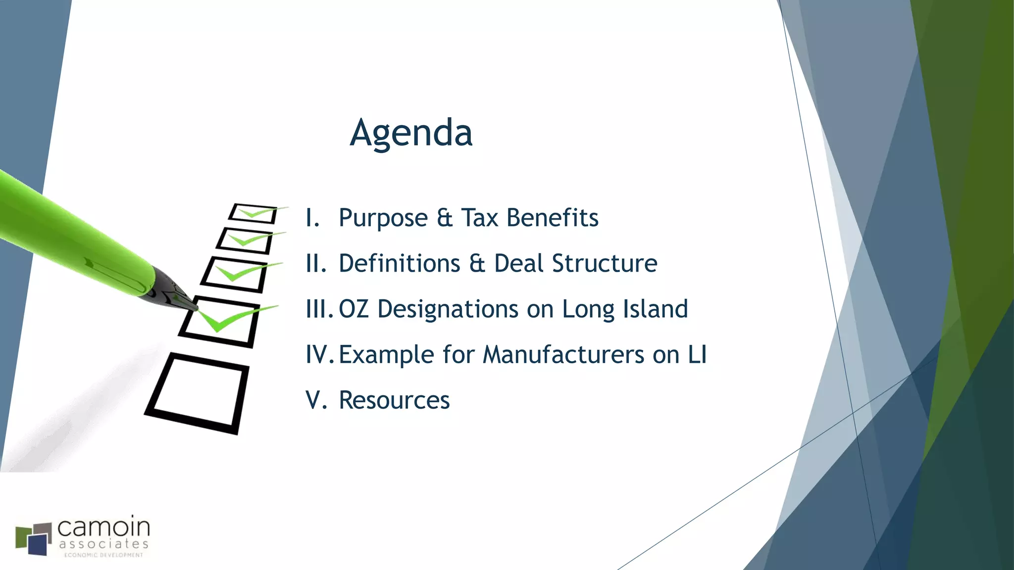 I. Purpose & Tax Benefits
II. Definitions & Deal Structure
III.OZ Designations on Long Island
IV.Example for Manufacturers on LI
V. Resources
Agenda
 