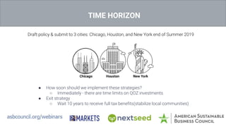 TIME HORIZON
Draft policy & submit to 3 cities: Chicago, Houston, and New York end of Summer 2019
● How soon should we implement these strategies?
○ Immediately - there are time limits on QOZ investments
● Exit strategy
○ Wait 10 years to receive full tax benefits(stabilize local communities)
 