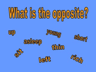 What is the opposite? up asleep sit thin left young rich short 